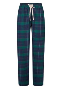 Karierten Pyjamahose in Dunkelblau und Grün, mit einem Kordelzug an der Taille und kontrastierenden Nähten. Weicher, leichter Baumwollstoff.