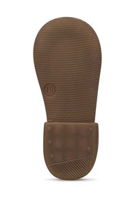 Suela de zapato de goma marrón con patrones de estrías horizontales y diagonales; presenta puntos elevados y un número circular "19" para la talla.