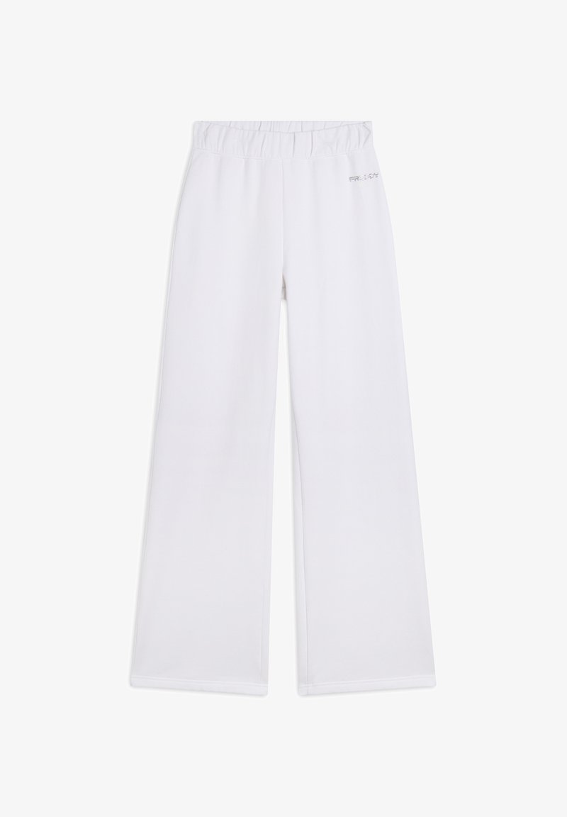 Pantaloni bianchi a gamba larga realizzati in tessuto morbido, con vita elastica e un sottile dettaglio del logo sul lato.