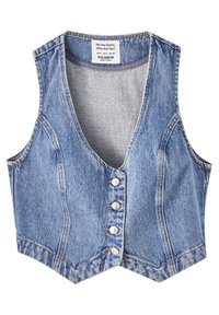 Veste en jean bleue avec quatre boutons à l'avant, col en V et détails de panneaux cousus, étiquetée Pull&Bear, taille EUR S US A5 MEX 26.