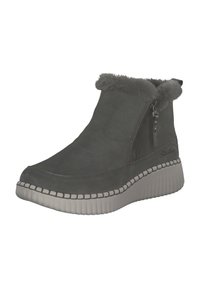 Bottines en suède gris avec bordure en fausse fourrure, fermeture éclair sur le côté et semelle en caoutchouc gris texturé présentant des détails en coutures le long du bord.