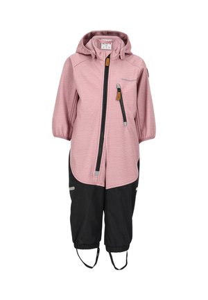Rosa- und schwarze wasserfeste Kinderoverall mit einem Reißverschluss, Kapuze, kurzen Ärmeln und elastischen Bündchen. Mit reflektierenden Akzenten und zwei Taschen.