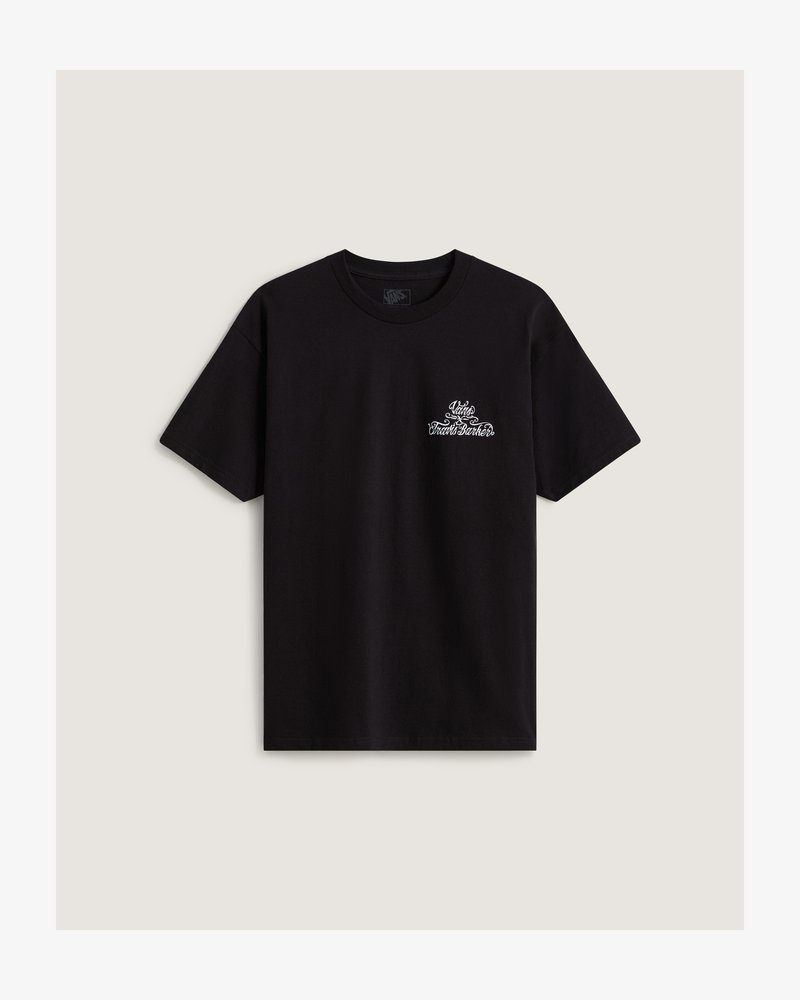 Μαύρο T-shirt με κοντά μανίκια και στρογγυλή λαιμόκοψη με μικρό λευκό διακοσμητικό κείμενο στο αριστερό στήθος που γράφει "Vans x Frank's Barber."