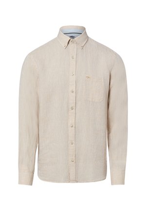 Beiges, langärmliges Hemd mit Knopfleiste, Button-down-Kragen und Brusttasche, hergestellt aus leichtem, strukturiertem Stoff.