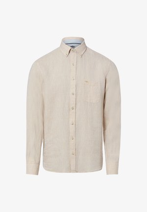 Beiges, langärmliges Hemd mit Knopfleiste, Button-down-Kragen und Brusttasche, hergestellt aus leichtem, strukturiertem Stoff.