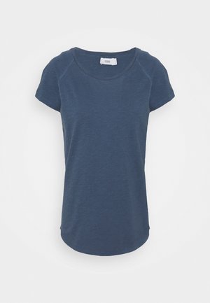 Dunkelblaues T-Shirt mit kurzen Ärmeln, rundem Ausschnitt, weicher Textur und leicht gebogenem Saum. Lässiges Design mit Raglanärmeln.