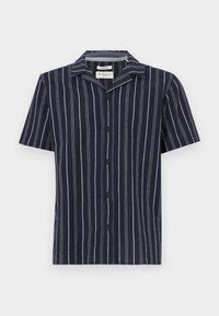 Chemise bleu marine à manches courtes avec rayures verticales blanches et boutons noirs, col camp et coupe régulière.