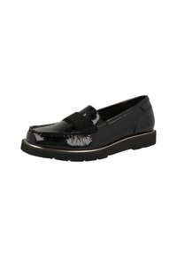 Zwarte gepatineerde leren loafers hebben een geweven voorband en subtiele stiksels, geplaatst op een lage, textuur rubberen zool met een contrasterende rand.
