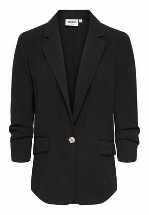 Blazer noir à un seul bouton avec revers et poches à rabat, manches 3/4 et coupe cintrée.