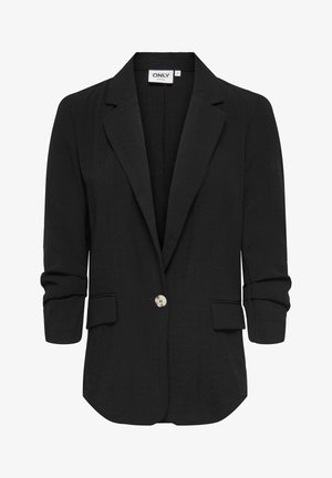 Juodas vieno mygtuko švarkas su atvartais ir kišenėmis su atvartais, 3/4 ilgio rankovėmis ir pritaikyta forma.