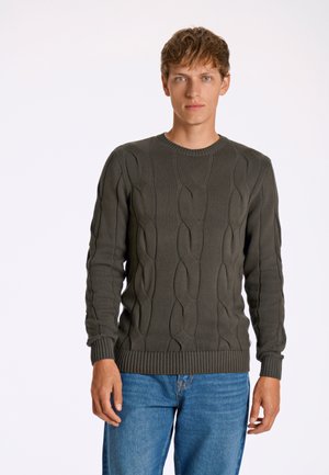 Maglione verde scuro a treccia con scollatura rotonda e polsini a costine, abbinato a jeans blu. Presenta un motivo a texture su tutta la superficie.