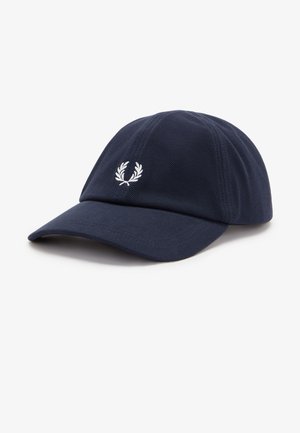 Casquette de baseball bleu marine avec visière incurvée et logo de couronne de laurier brodé en blanc au centre avant.