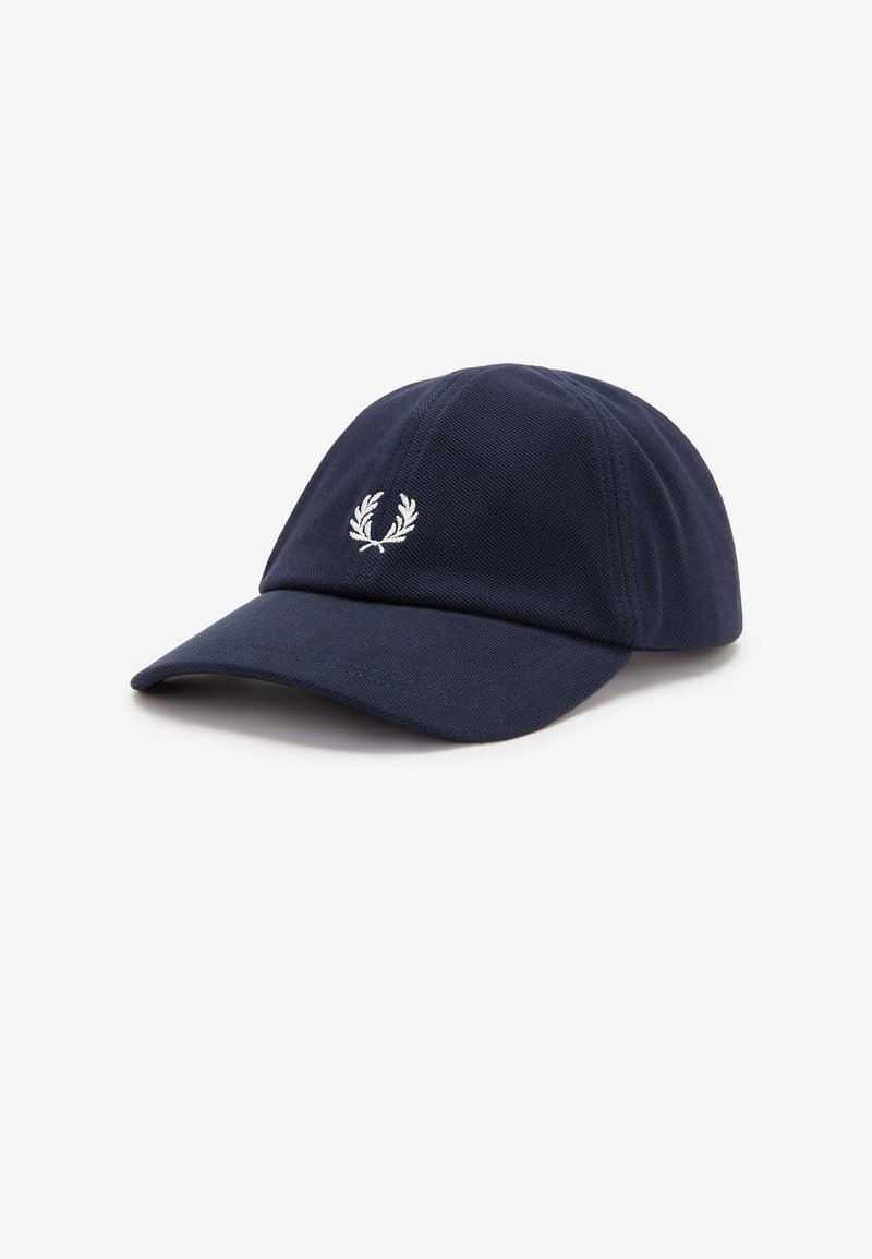 Casquette de baseball bleu marine avec visière incurvée et logo de couronne de laurier brodé en blanc au centre avant.