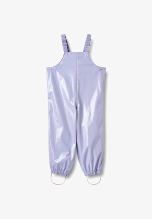Hellviolette wasserdichte Latzhosen mit verstellbaren Schultergurten und elastischen Bündchen mit Fußriemen.