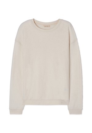 Kremo spalvos ilgomis rankovėmis megztinis su apvalia iškirpte, su ribinėmis rankogaliais ir apačia, pagamintas iš minkštos, tekstūruotos medžiagos.