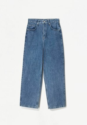 Jeans blu in denim a gamba larga con lavaggio sbiadito, dotati di due tasche frontali, chiusura a bottone e taglio dritto dalla vita all'orlo.