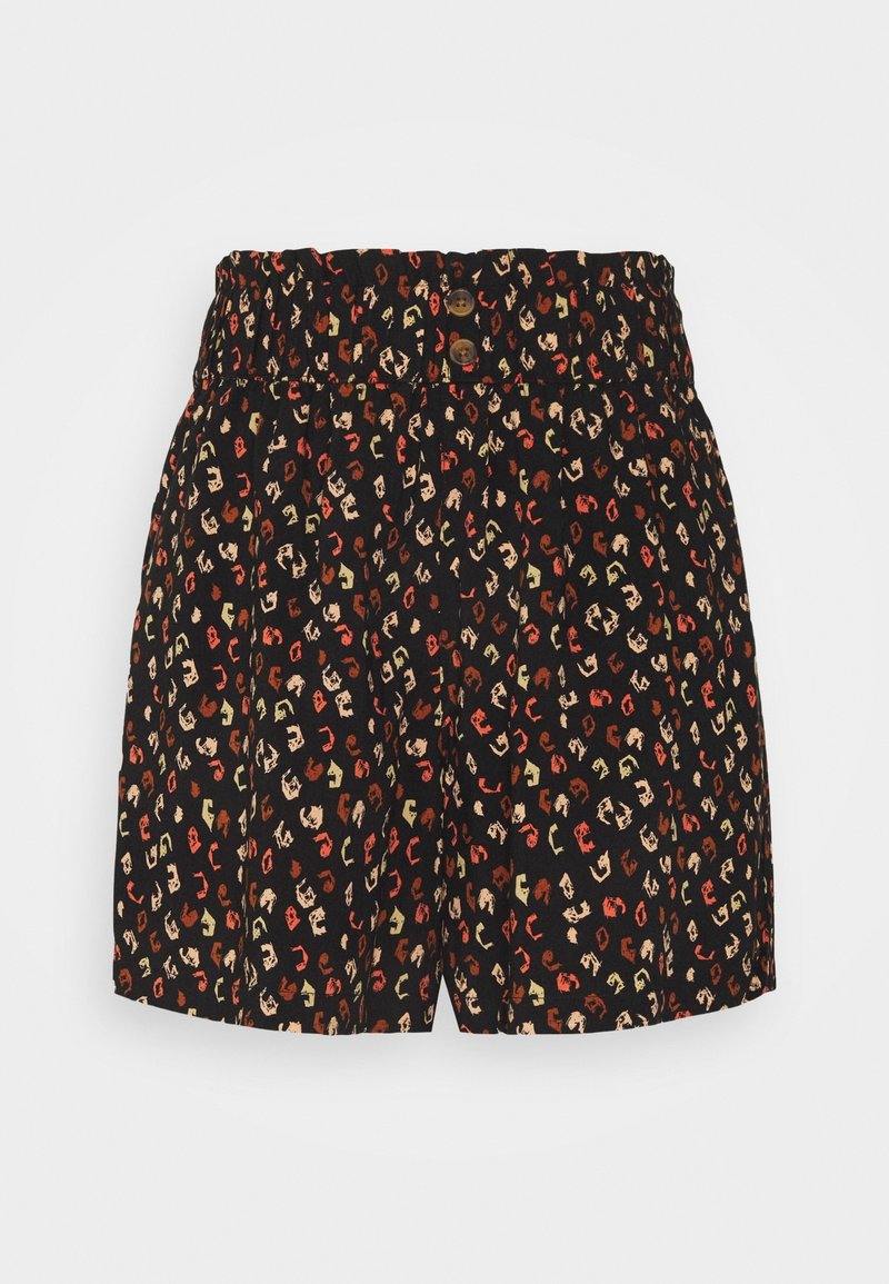 Shorts noirs taille haute avec des taches abstraites rouges, beiges et olive, taille élastique et deux boutons marron à l'avant.