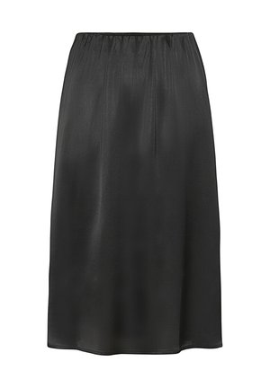 Svart sätenskjol med elastisk midja, rak passform, knälång, slät textur och inga synliga mönster eller dekorationer.