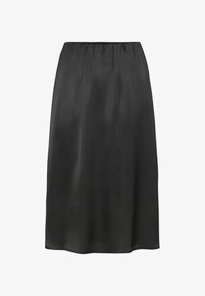 Fekete selyemszatén szoknya, gumis derékkal, egyenes szabású, térd hosszúságú, sima textúrával és látható minták vagy díszítések nélkül.