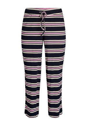 Navy and light pink striped pants with a drawstring waist, crafted from ribbed fabric; tapered leg design, mid-calf length.