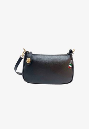 Black leather handbag with a textured finish, gold hardware, zip closure, and a small Italian flag charm attached to the side.