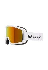 Maschera da sci bianca con una grande lente arancione a specchio e un bordo in schiuma nera. La fascia presenta la scritta "WHISTLER" in nero.