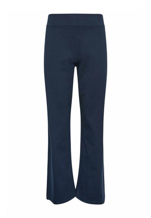 Pantalon patte d'éléphant taille haute bleu marine avec une ceinture lisse et sans poches ni fermetures visibles.