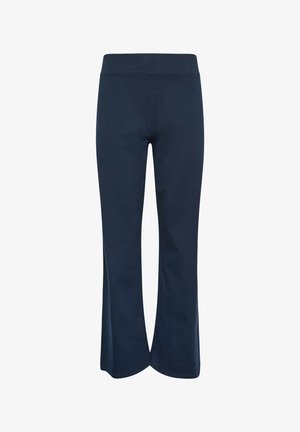 Pantalon patte d'éléphant taille haute bleu marine avec une ceinture lisse et sans poches ni fermetures visibles.