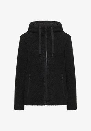 Schwarze Fleecejacke mit durchgehendem Reißverschluss, Kapuze, zwei Seitentaschen und Kordelzugdetails; strukturiertes Gewebe mit einem weichen, plüschigen Aussehen.
