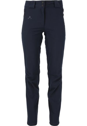 Navy outdoor pants made of durable synthetic fabric, featuring a smooth texture, double button closure, and zippered side pockets.