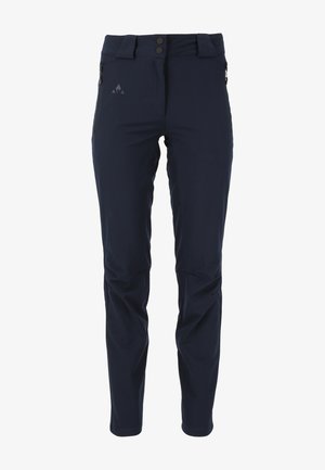 Navy outdoor pants made of durable synthetic fabric, featuring a smooth texture, double button closure, and zippered side pockets.