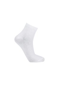 Vit ankelstrumpa gjord av ett mjukt, lätt material med en ribbad kant. Har en sömlös tå för komfort.