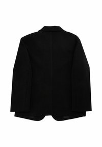 Czarna marynarka o strukturalnym designie, z klapami i pojedynczym rozcięciem z tyłu. Tkanina wydaje się gładka o matowej fakturze.