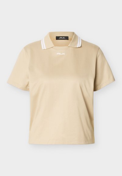 Polo beige a maniche corte con doppie strisce bianche sul colletto e piccolo logo "RLX" al centro, sotto il colletto.