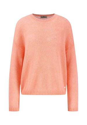 Coral knit sweater with a round neckline and long, tapered sleeves. Features ribbed cuffs and hem, with a small logo detail at the bottom.