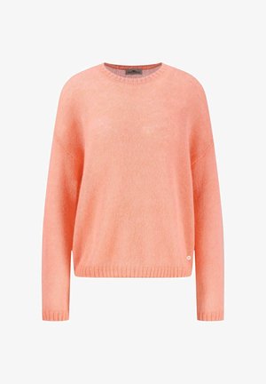 Coral knit sweater with a round neckline and long, tapered sleeves. Features ribbed cuffs and hem, with a small logo detail at the bottom.
