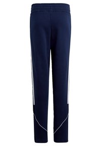 Marineblauwe sportbroek met een elastische tailleband, witte zijstrepen en een gladde katoen textuur. Heeft een recht model.