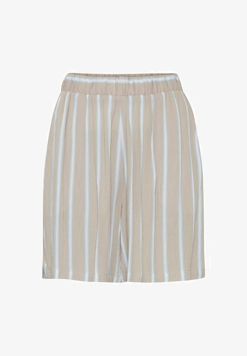 Shorts rayés beige avec une taille élastique, ornés de fines rayures bleu clair et d'un tissu lisse et léger.