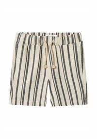 Beige shorts med vertikale sorte striber, elastisk talje, snor og to sidelommer. Stoffet ser struktureret og vævet ud.