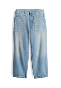Light blue denim jeans with wide legs, large front pockets, slight distress details, and faded areas on thighs and knees.