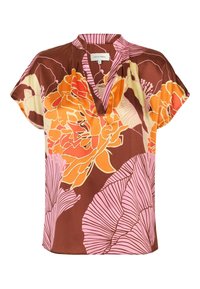Kortærmet brun bluse med store orange og pink blomster mønstre, med en V-udskæring og et løst design. Glat, letvægtsstof.