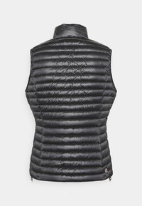 Black puffer vest with a high collar and horizontal quilting. Features a shiny finish and side zippers at the hem. Lightweight and sleeveless.