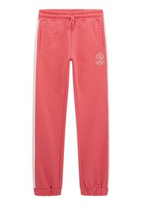 Pantaloni sportivi rosa con vita elastica e cordino. Presentano strisce laterali bianche e due tasche anteriori. Logo stampato sulla coscia.