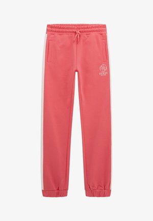 Pantaloni sportivi rosa con vita elastica e cordino. Presentano strisce laterali bianche e due tasche anteriori. Logo stampato sulla coscia.