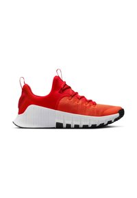 Rode sportieve schoenen met een bovenwerk van gaas, een platte witte tussenzool en een gestructureerde zwarte buitenzool. Voorzien van veters en trek lussen aan de achterkant.