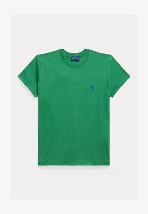 Zelené tričko s krátkým rukávem a kulatým výstřihem s vyšívaným modrým logem Polo Ralph Lauren na levé straně hrudi.