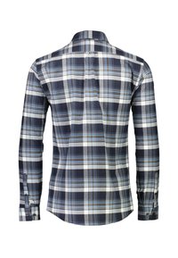 Camicia a maniche lunghe con bottoni in tartan blu navy, bianco e azzurro chiaro. Presenta un colletto e polsini regolabili, realizzata in tessuto tessuto.