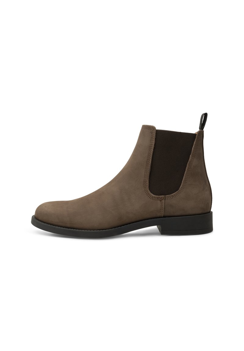 Brown suede Chelsea boot with elastic side panels, rounded toe, pull tab, and a flat rubber sole. Smooth texture with minimalist design.