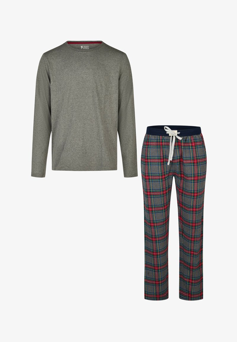 Grijs shirt met lange mouwen en een ronde hals met rode details. Geruite pyjamabroek in grijs, rood, blauw en groen, met een marineblauwe elastische tailleband en een trekkoord.