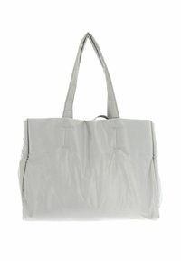 Sac fourre-tout en tissu gris clair et doux, avec deux sangles d'épaule rembourrées, de forme rectangulaire et avec des détails de couture minimaux.
